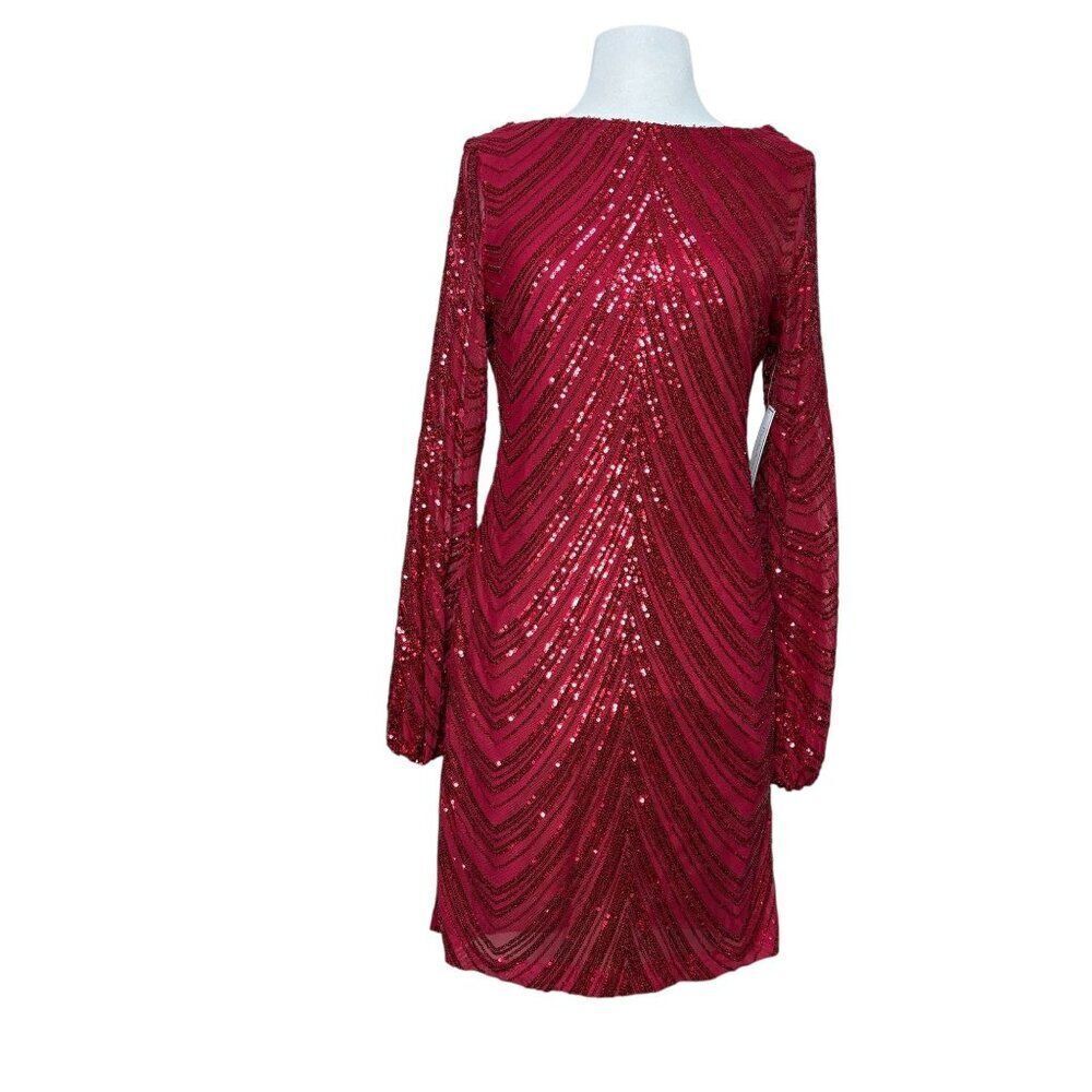Premier Amour Long Sleeve Fitted Sequin Dress Red Size 12 New